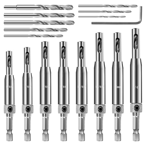 Image of 17PCS Self Centering Drill Bit Set for Hinges – 1/4" Hex Shank Vix Bits Self Centering Drill Bit Set with 1 Hex Key & 8 Drill Bits 5/64"-1/4" – Perfect for Woodworking Door & Window Hinge Installation