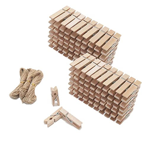 CUWELT 250pcs Mini Wooden Pegs, 3.5CM Mini Wooden Clips Natural, Wooden Clothespins with 30m Jute Twine String for Decorative Photo Paper Wall DIY, Small Clothes Pegs for Arts & Crafts Wedding Party