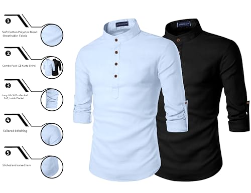 Image of Zombom Men's Combo Cotton Polyester Blend Solid Full Sleeve Straight Regular Fit Mandarin /Chinese Collor Kurta (Pack of 2)
