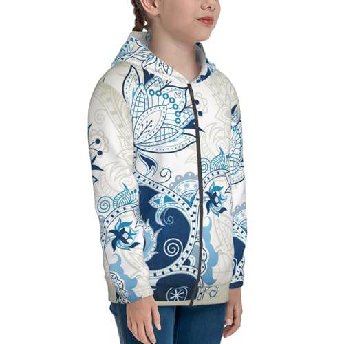 Abstract Blue Floral Kids Pullover Hoodies Boys Zip Up Sweatshirts Girls Athletic Clothes with Pocket4