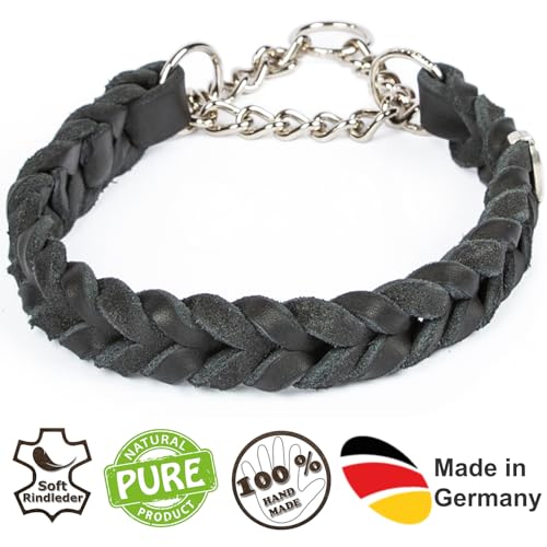 CopcoPet Fettleder Halsband 50–55cm x 25mm Schwarz – Geflochten mit Zugstopp-Kette – Robust & weich – Verchromte Kette – Lederhalsband für große Hunde, Training & Alltag