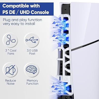 FASTSNAIL Cooling Fan for PS5 Slim Console, Quiet Cooling System with Memory Function and LED Light, Cooler Accessories with 3 High-Speed Fans & USB 3.0 Port for PlayStation 5 Slim