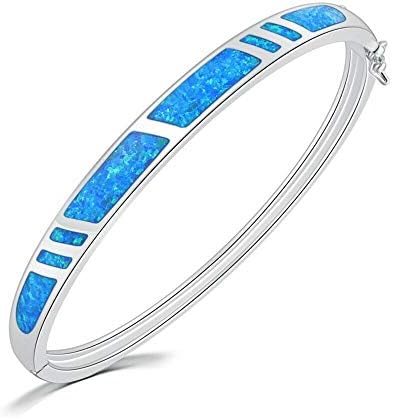 CiNily Blue Opal Bangle Bracelet for Women Girls,14K White Gold Plated Opal Jewelry Gift Ladies Gemstone Bangle Bracelet 8.26 inch