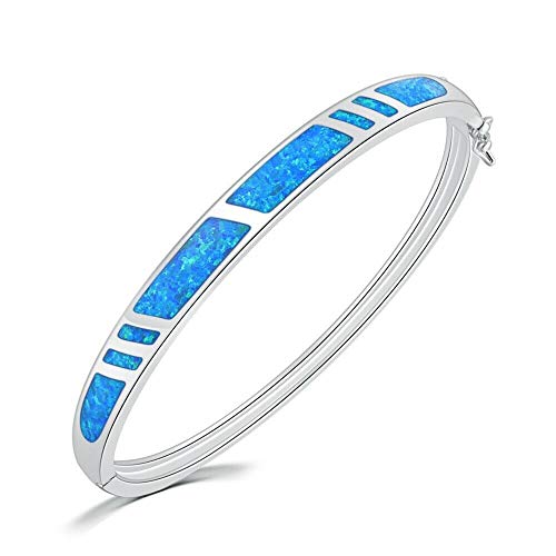 Cinily Blue Opal Bangle Bracelet For Women Girls,14K White Gold Plated Opal Jewelry Gift Ladies Gemstone Bangle Bracelet 8.26 Inch #TOP3