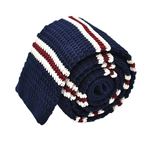 Ecravate - Cravate Tricot Bleu marine à rayures beiges et bordeaux. Bout carré Cover
