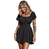 EXLURA Women's 2025 Summer Ruffle Short Sleeve Tie Back Romper Dress Square Neck A Line Cute Dressy Short Jumpsuits