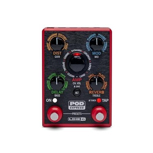 Line 6 POD Express, pedal procesador de amplificadores y efectos para guitarra con 7 modelos de amplificadores, 16 modelos de efectos, 21 presets y controles simples, ligero, compacto y portátil