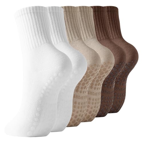 Image of BONANGEL Pilates Socks with Grips for Women, 3 Pairs Womens Grippy Yoga Ballet Barre Hospital Gym Athletic Socks