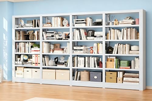 Image of Heavy Duty Metal Bookshelf, 5-Tier Industrial Bookcase with Adjustable Shelves, Large Storage Bookshelf for Living Room, Office, Library, 69 inch H x 136 inch W, White