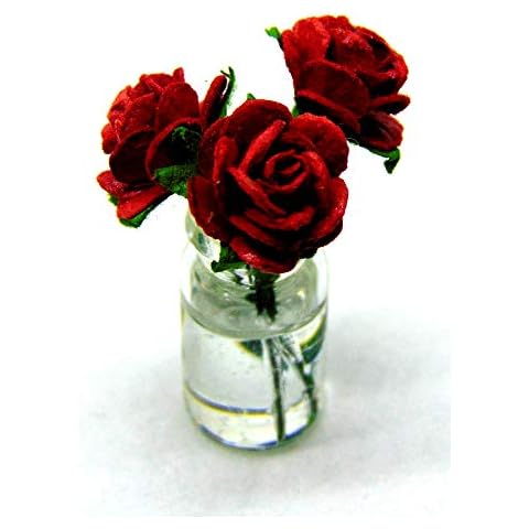 Tumdee Miniatures Dolls House Miniature 1/12th Scale Red Paper Roses in a Glass Vase Cover