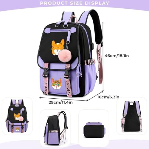 Violet Cute Hawaii Corgi Backpack Kawaii Lightweight Bookbag for College Outdoor Train 18 X 11.4 X 6.3inch2