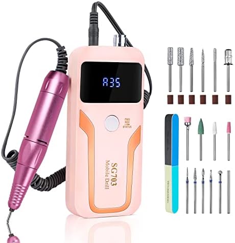Professional Electric Nail Drill, Rechargeable 35000 RPM E-File Nail Drill Kit for Gel, Acrylic Nails, Manicure Pedicure Polishing Tools with 16 Pcs Bits, Great for Home or Salon (Pink)
