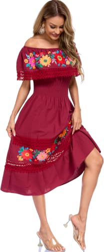 Image of YZXDORWJ Women Embroidered Mexican Peasant Casual Sexy Lace Off-Shoulder Long Dress