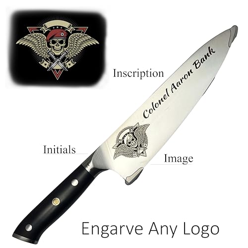 Image of Personalized Photo Chef Knife, 8.5 Inch Engraved German Stainless Kitchen Blade, Custom Image Logo or Monogram, Full Tang, Gift Boxed Corporate Wedding Gift