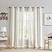 Central Park Beige White Stripe Farmhouse Curtains Semi-Sheer Rayon Blend Heavy Linen Texture Window Curtain Panel 6 Grommets Treatment for Living Room/Bedroom, Set of 2, 44