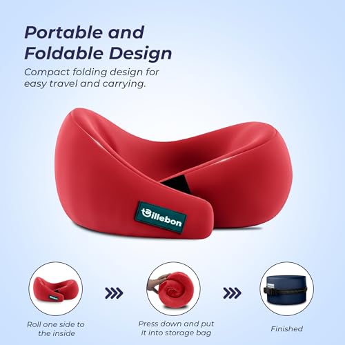 Image of Billebon Gel Infused Memory Foam Neck Pillow with Case, Travel Pillow with Adjustable Velcro Straps, Neck Pillow for Travelling & Flight Travel, Ergonomic Support for Comfort & Pain Relief (Red)
