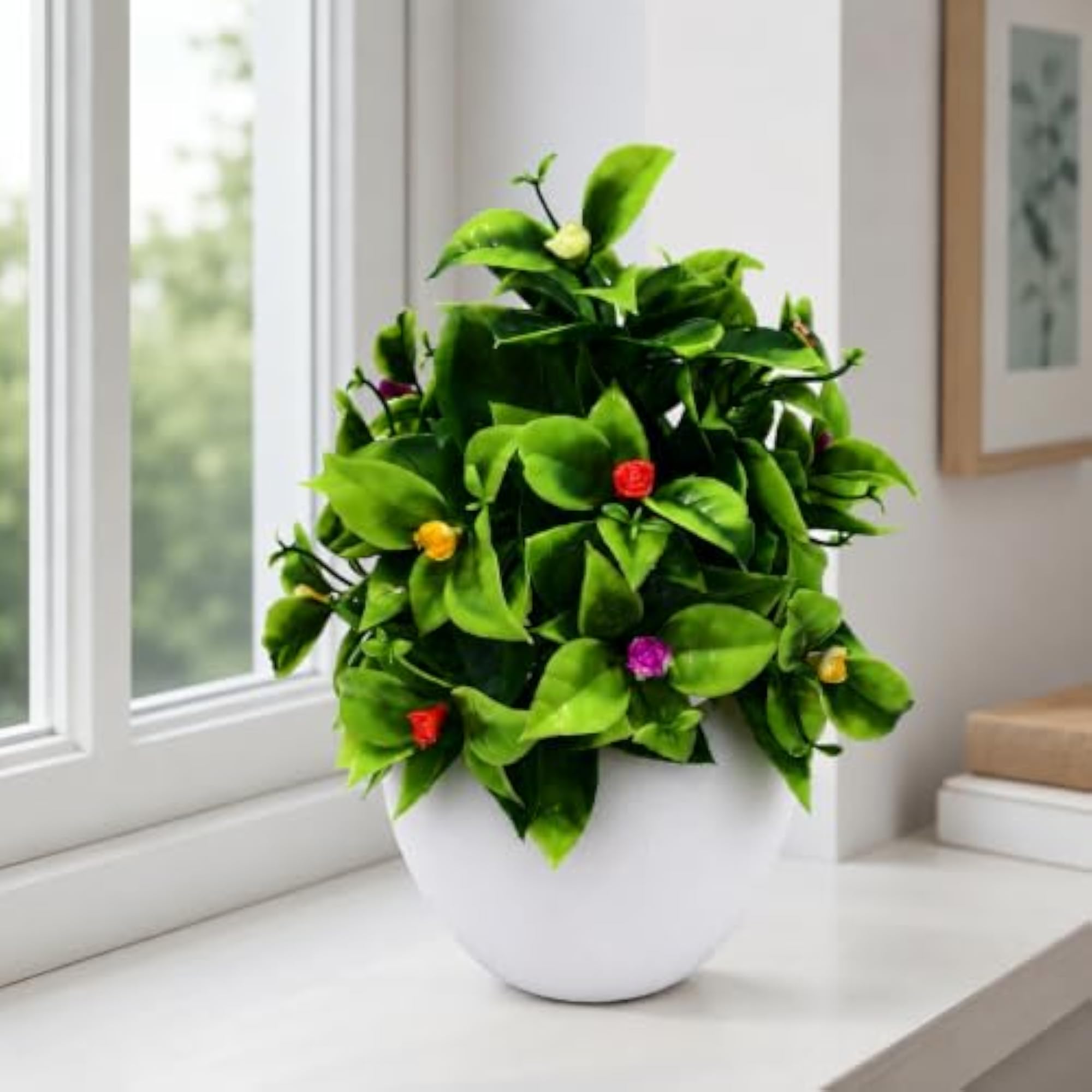 Artificial Green Plant with White Pot, Elegant Decor