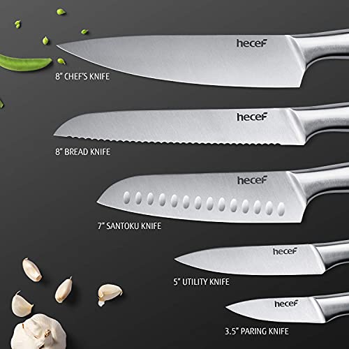 Hecef Silver Kitchen Knife Set Of 5, Satin Finish Blade With Hollow Handle, Includes 8" Chef, 8" Bread, 8" Santoku, 5" Utility And 3.5" Paring Knife #TOP2