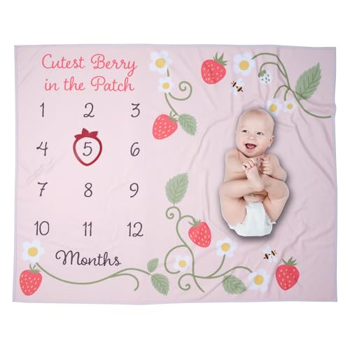 Image of Lambs & Ivy Strawberry Patch Milestone Photo Opportunity Fleece Baby Blanket