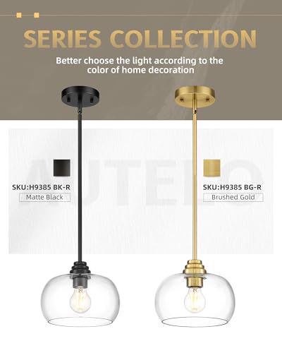 AUTELO Black Pendant Lights Kitchen Island, 1-Light Pendant Lights in Black Finish with Clear Glass, Modern Pendant Light Fixtures, Hanging Lamp for Kitchen Island H9385 BK-R