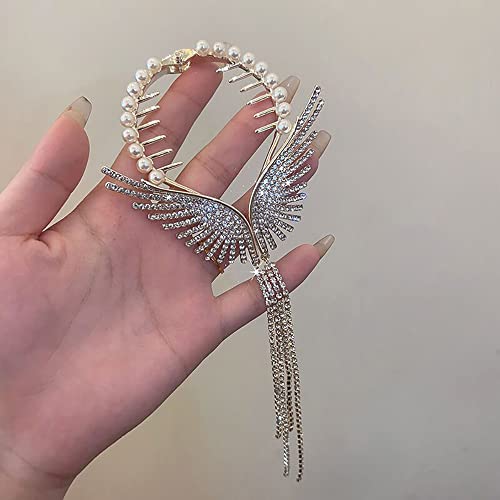 Myhiju Angel Wings Rhinestone Hair Clips,Gold Hair Barrettes Tassel Claw Clips Pearl Hair Styling Accessories Pill Head Hair Accessories High Ponytail Coiled Hair Pins Shiny Hair Accessories For Girls #TOP5
