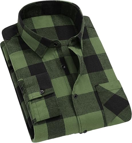 Cromoncent Mens Casual Plaid Flannel Long Sleeve Button Down Shirts, Large Buffalo Olive, X-Large