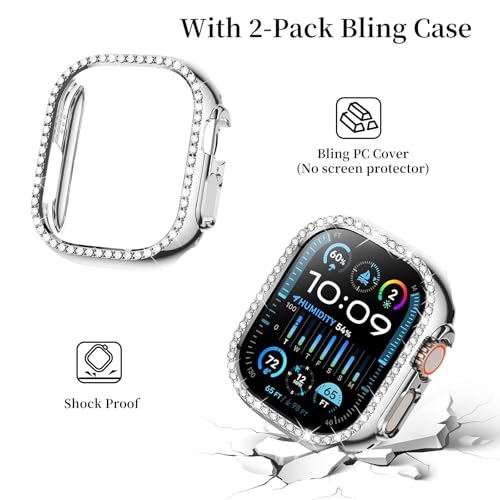 Image of SUPOIX for Apple Watch Band 49mm + Case, Bling Bands for Women (Silver) | Shiny Metal Bands & 2 Pack Protective Cover Cases for iWatch Ultra 49mm
