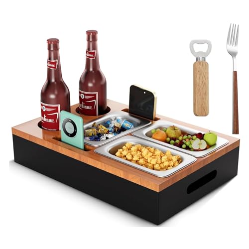 Guolich Wooden Couch Tray, Couch Bar Snack Box Wine Glass Holder,Couch Butler with Stainless Steel Snack Trays,Tv Tray Table,Couch Cup Holder (Dark Lid)