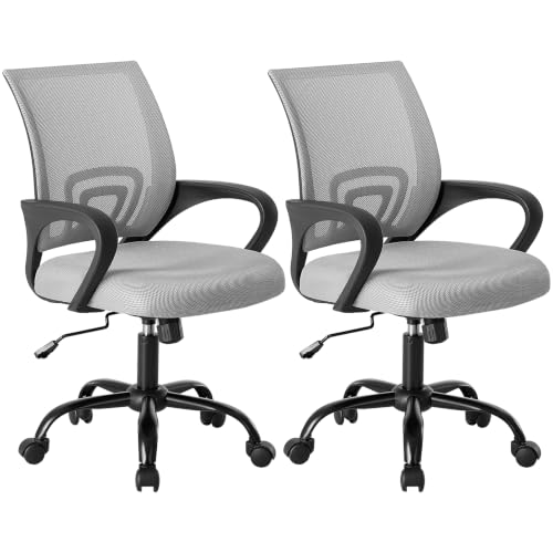 Image of DUMOS Home Office Chair - Ergonomic Mid Back Mesh Desk Chair with Lumbar Support & Rocking Mode, Height Adjustable with Fixed Armrest, for Computer, Gaming, Meeting, Grey, 2 Pack