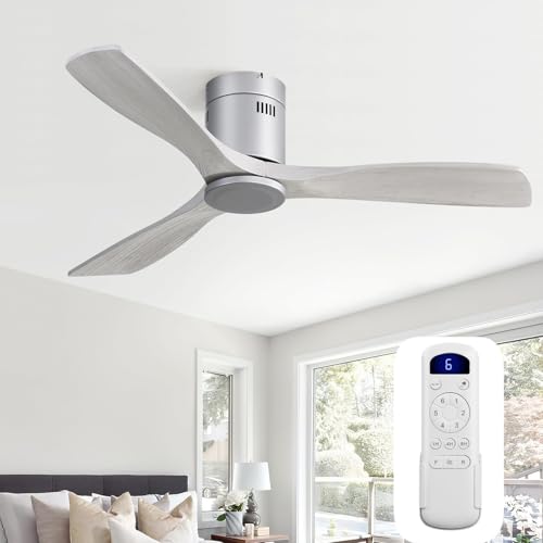 Sofucor Ceiling Fan, 52 Inch, Low Profile, DC, 3 Carved Wood Blades, Flush Mount, Noiseless, Reversible Motor, Remote Control, Without Light, Silver+Grey