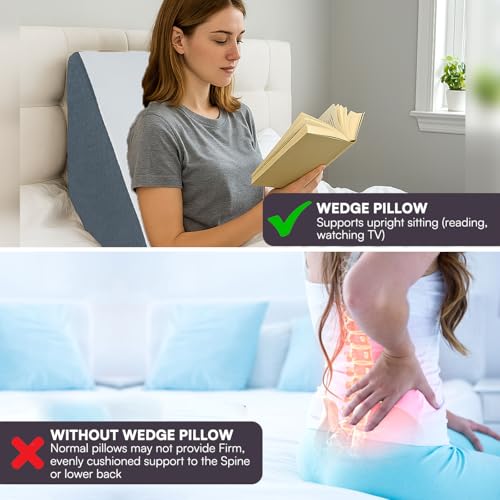 Image of Memory Foam Orthopedic Wedge Pillow for Back, Neck, Leg Support, Pregnancy, GERD, Acid Reflux, Snoring & Post-Surgery Relief - Soft Washable Cover - White & Grey (46 x 52 x 46 CM)