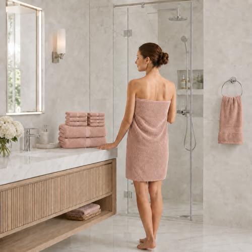 Image of Sulfar 100% Combed Cotton, 8 Pcs Towel Set - 2 Bath Towels (70 x 140 cm), 2 Hand Towels (40 x 70 cm) and 4 Face Towel (30 x 30 cm) (600 GSM, Pack of 8) Nature Lux