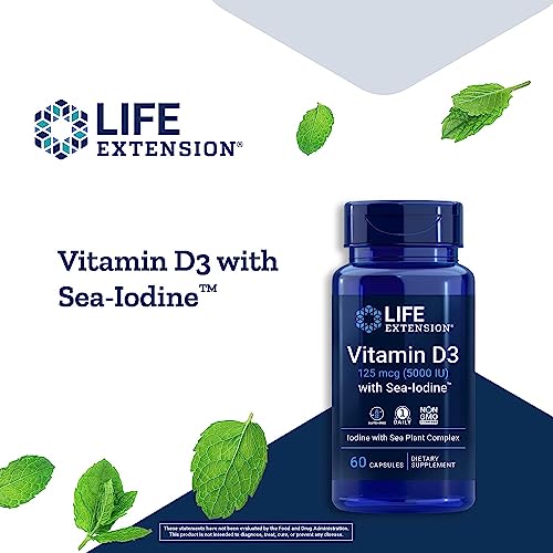 Life Extension Vitamin D3 125 Mcg (5000 Iu) With Sea-Iodine - For Bone, Immune Support & Inflammation Management - Thyroid & Adrenal Supplement – Gluten-Free, Non-Gmo – 60 Capsules #TOP3