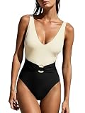 SUUKSESS Women Retro One Piece Swimsuit Gold Metal Tummy Control V Neck Bathing Suit Sexy High Waisted Swimwear (White Black,S)