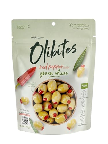 Olibites Pitted Olives - Fresh Olives Marinated in Extra Virgin Olive Oil with a sweet red pepper flavor (6 oz, Red Pepper Stuffed)