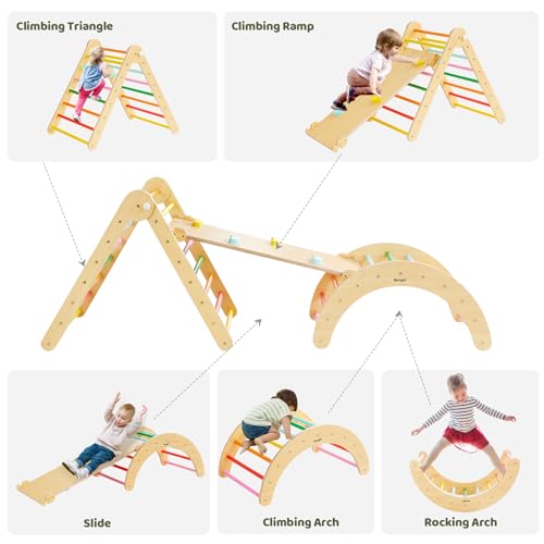 Image of Beright 5 In1 Pikler Triangle Gym, Foldable Climbing Triangle Ladder Toys with Ramp, Indoor Climbing Toys for Kids, Play Gym, Arch Climber, Rocker, Learning Waldorf Children Toy Structure, Rainbow