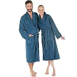 Marken-Frotteebademantel mit Kennzeichnung Oeko-Tex Standard 100. Frauen-Bademantel und Männer-Bademantel mit Kapuze, 2 aufgesetzten Taschen und Gürtel. Waschbar bis 60 Grad Celsius, trocknergeeignet