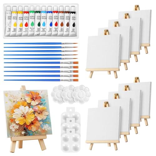 Obidodi Mini Canvas and Easel Set 44 Pcs Painting Set Includes 4x4 Inches Canvas Wooden Mini Easel Acrylic Paint Brushes and Palette for Kids Sip and Paint Party for Adults Kids