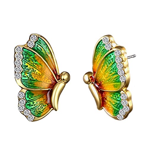 Butterfly Wings Statement Big Stud Earrings - Retro Dainty Colorful Crystal Rhinestone Large Costume Earrings Trendy Fashion Pink Mariposa Jewelry Birthday Gifts (Yellow Green)
