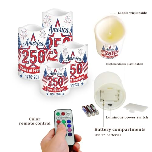 Image of 250th Years of American Freedom Electric Candles Patriotic Red White Blue Flameless Candle Set Star Stripes Battery Operated Fake Candles Independence Day Party Supplies, 4 Pack