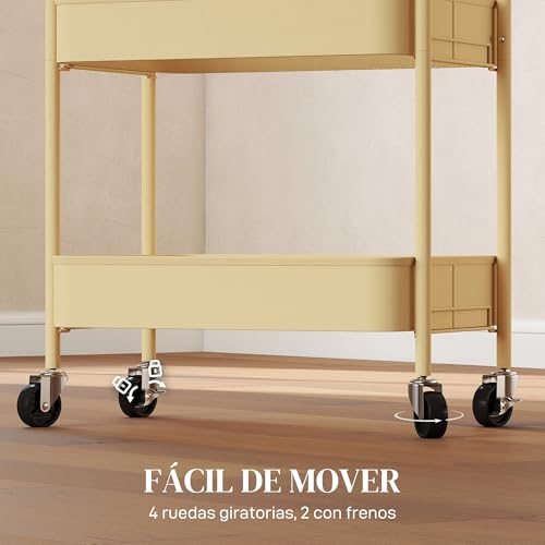 Miniatura 4 de Homcom Carrito Auxiliar Con Ruedas De 3 Niveles, Carrito De Cocina Con 3 Cestas Y 2 Asas, Para Baño, Dormitorio, Oficina, 45x30,6x79 Cm, Amarillo