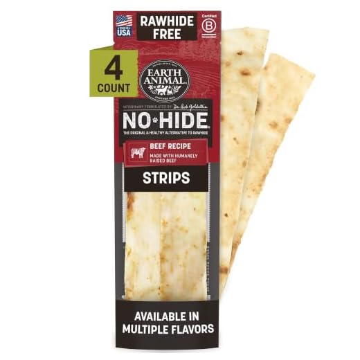 Earth Animal No Hide Strips - Natural Rawhide Free Dog Chew Strips, Beef - 4 Count