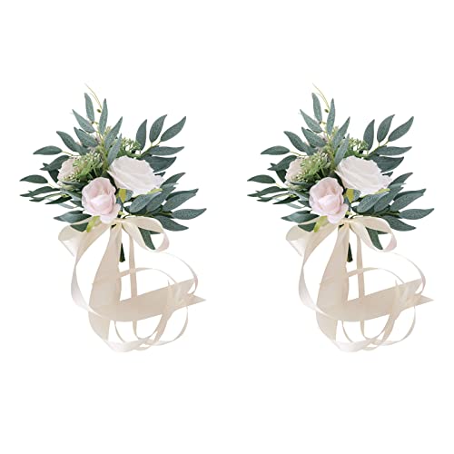 JYCAR 2 decoraciones para sillas de boda, pasillo rústico, flores artificiales con cintas, flores artificiales, eucalipto, silla de iglesia, banco, arcos para decoración de bodas, ceremonias de fiesta Cover