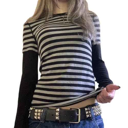 Womens Y2K Striped Long Sleeve Tops Vintage Crew Neck Harajuku Blouses Top Retro Tees Shirt Top Fall Winter Clothes (Black Grey, S)