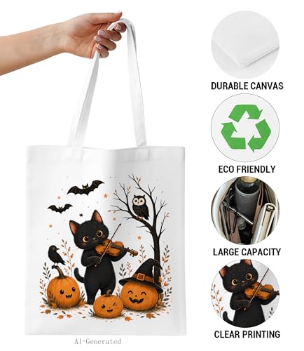 Image of Cute Cat Canvas Tote Bag for Women， Aesthetic Reusable Shoulder Bag for Shopping Travel Work