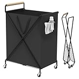 Foldable Metal Laundry Basket with Wheels, 2-Section Rolling Laundry Hamper, 37 Gallons (140L), Only 4LB, Removable Liner, Steel Frame with Handle, Black