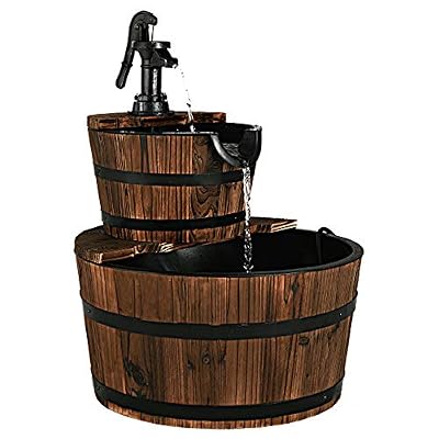 Giantex 2-Tier Barrel Waterfall Fountain, Rustic Wood Barrel Cascading with Electric Decorative Hand Pump, Outdoor Water Feature for Garden Patio Backyard Lawn Porch