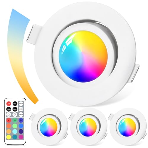 GeyouLux Foco Empotrable LED Regulable RGB, Foco LED 230V 3CCT Aluminio, IP44 5W 68mm Luminarias Empotrables, 120°+ 45°Orientables, Focos de Techo Blancos con Mando a Distancia IR para Baño, 4 Packs