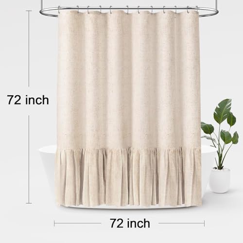 Awellife Linen Farmhouse Shower Curtain with A Ruffle Shower Curtain for Bathroom, Beige Natural 72\"x72\" 12 Hooks - Thumbnail 6