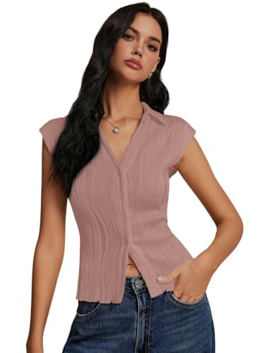 Image of GRECIILOOKS Korean Tees for Women | Tops for Woman | Collared Casual Summer Tops for Women Western | Knitted Top Button-Up Short Sleeve Crop Top |Summer Stylish Texture Korean Knit Tee